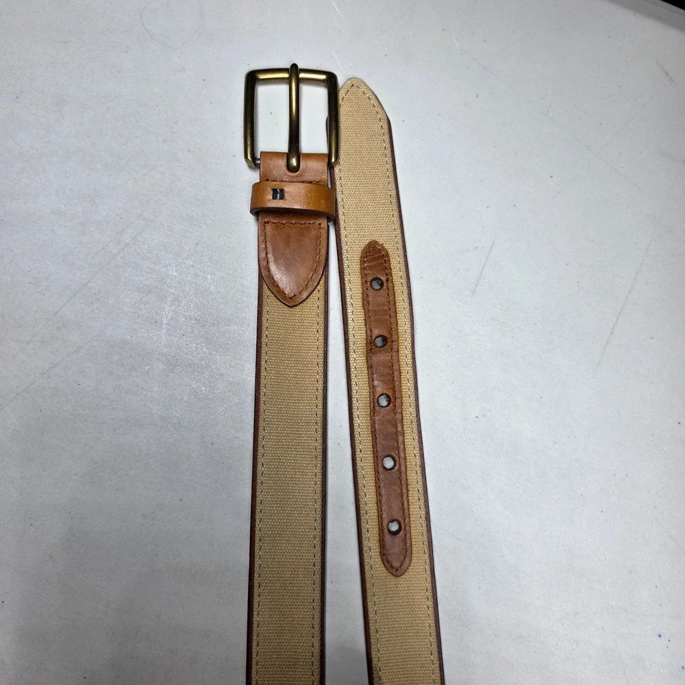 Tommy Hilfiger Mens Tan Leather Canvas Ribbon Belt Size 40 Preppy Classic Khaki